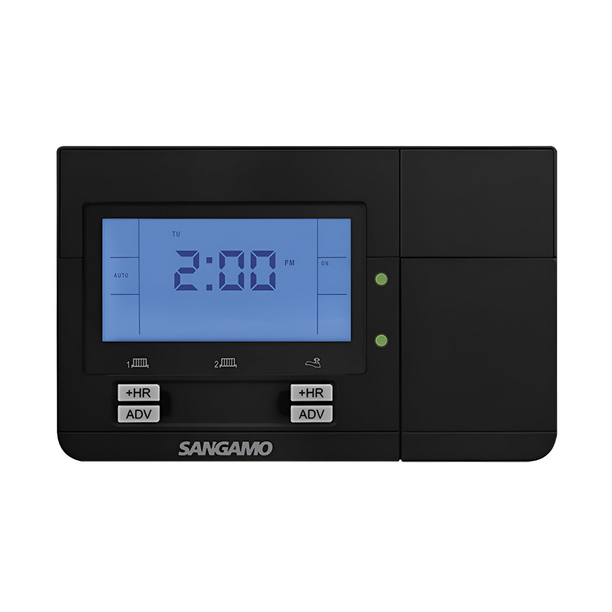 The Choice Plus 2 Channel Digital Programmer - Black features a large backlit display that shows the time, 2:00 PM, in blue. This sleek black device includes buttons labeled +HR and ADV below the screen, with the brand name SANGAMO prominently displayed.