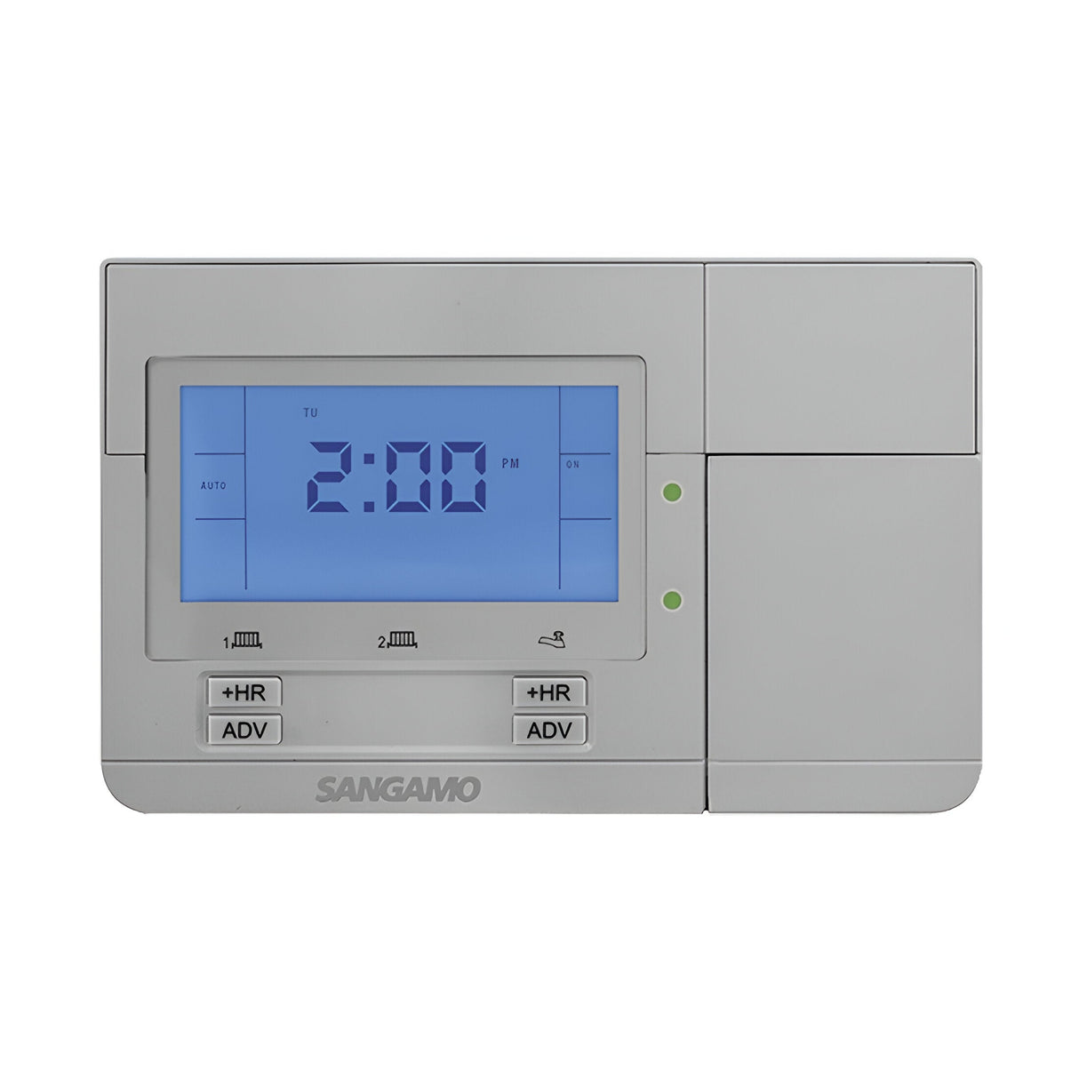 The Choice Plus 2 Channel Digital Programmer in silver displays 2:00 PM on its blue backlit screen. It includes buttons labeled 1 HR, ADV, and settings symbols. The device is designed with the SANGAMO brand at the bottom, providing a dependable solution for efficient time management.