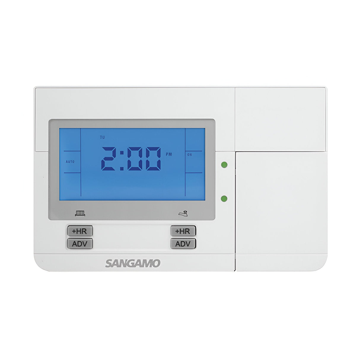 The Choice Plus 2 Channel Digital Programmer in white, featuring a backlit display, shows the time as 2:00 PM. It has user-friendly buttons labeled +HR, -HR, and ADV. The Sangamo branding is displayed at the bottom and includes convenient features like a holiday mode.