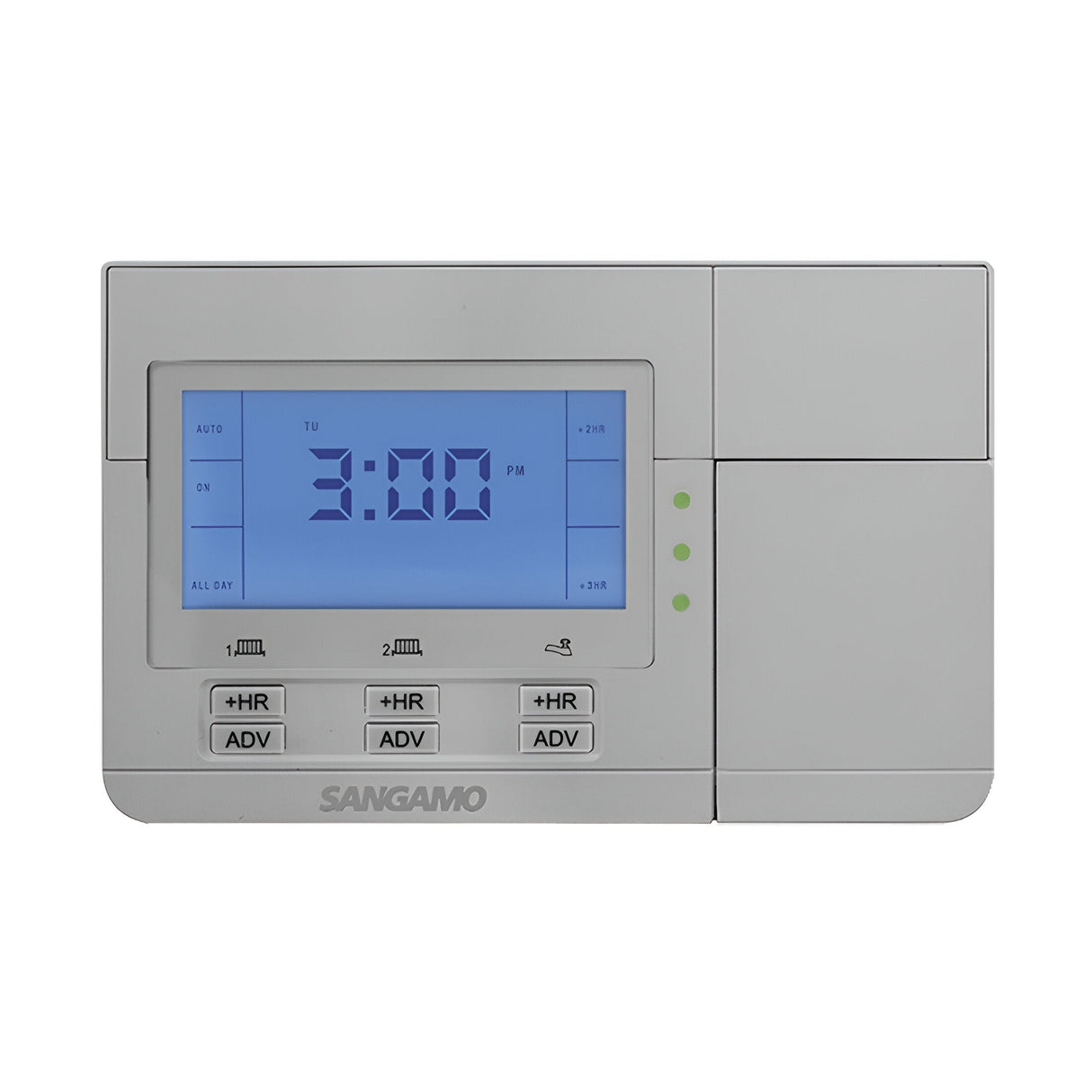 A Choice Plus 3 Channel Digital Programmer in silver, with a blue backlit screen, shows the time as 3:00 PM. It includes several buttons for setting hours, activating Holiday Mode, and adjusting functions. The brand name Sangamo is visible at the bottom of the device.