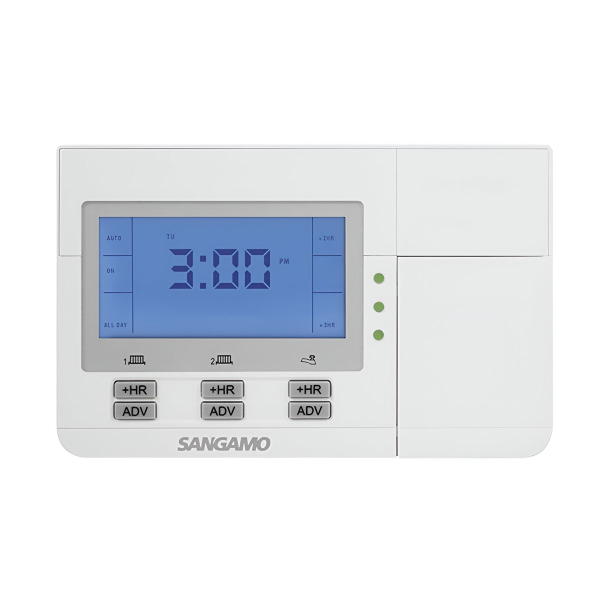 A Choice Plus 3 Channel Digital Programmer in white features a blue backlit display showing the time as 3:00 PM on Tuesday. This 7-day programmable model includes buttons below for adjusting time and settings, with the brand name Sangamo prominently displayed.