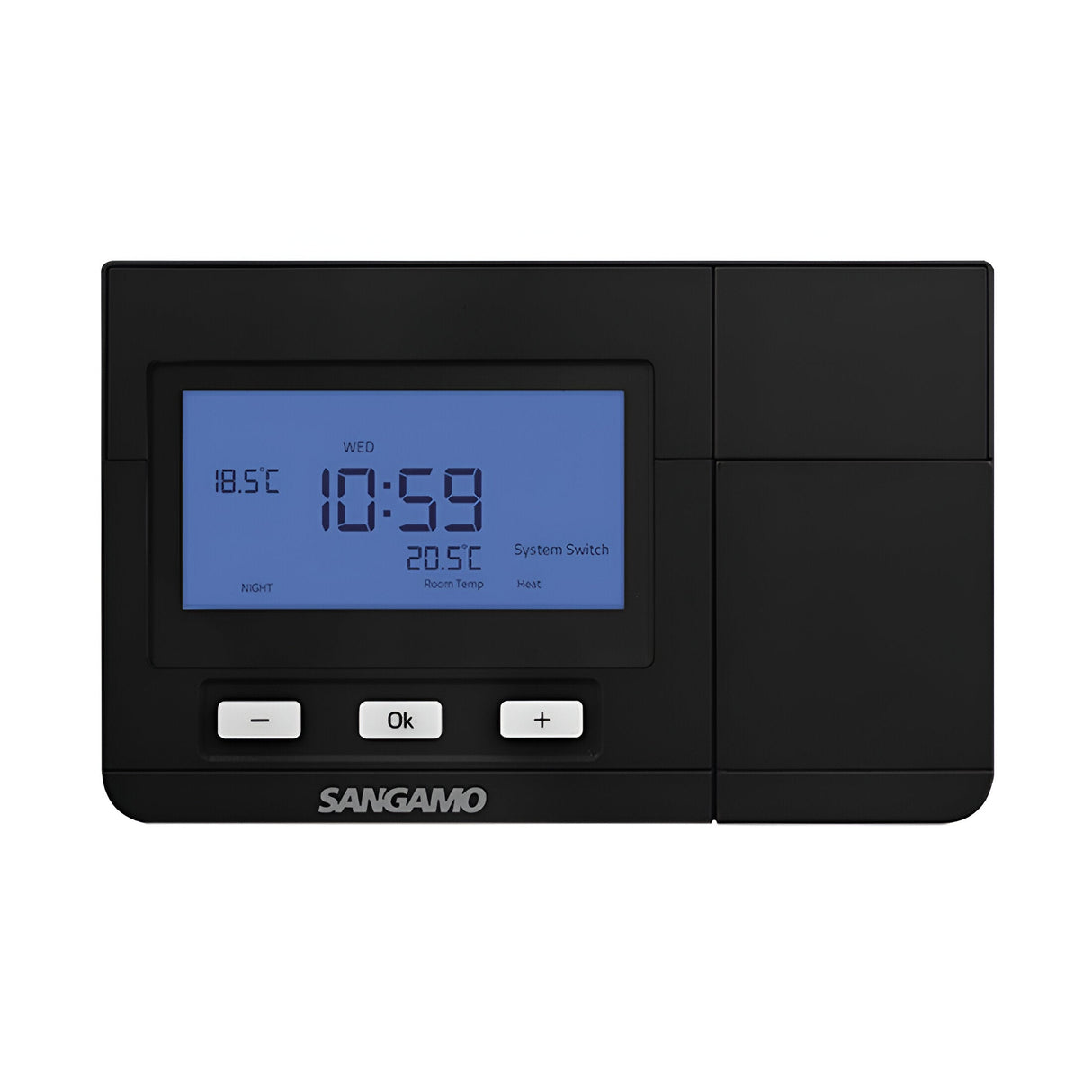 The Choice Plus 7 Day Programmable Room Thermostat in black, featuring frost protection and heating efficiency, shows the temperature at 18.5°C and the time as 10:59. It has buttons marked with arrows and OK, and prominently displays the Sangamo brand name at the bottom.
