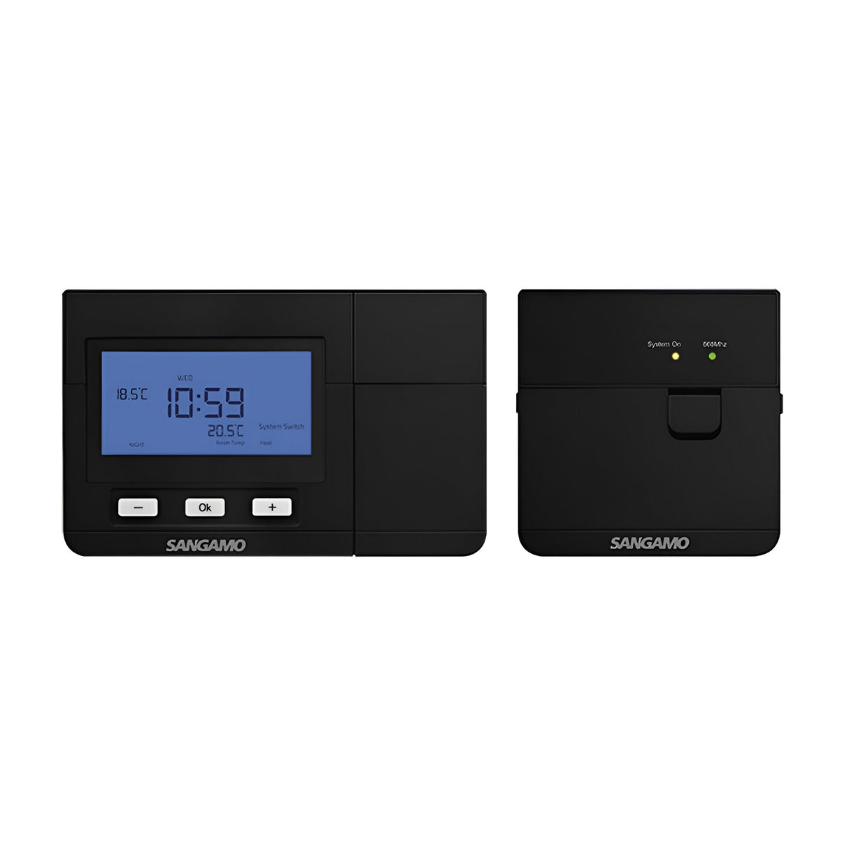 The Choice Plus Wireless Programmable Digital Thermostat - Black includes a blue backlit display for temperature and time, enhancing heating efficiency. This sleek black device features buttons at the bottom and wirelessly connects to a small black receiver unit with indicator lights, with both devices proudly displaying the Sangamo brand.