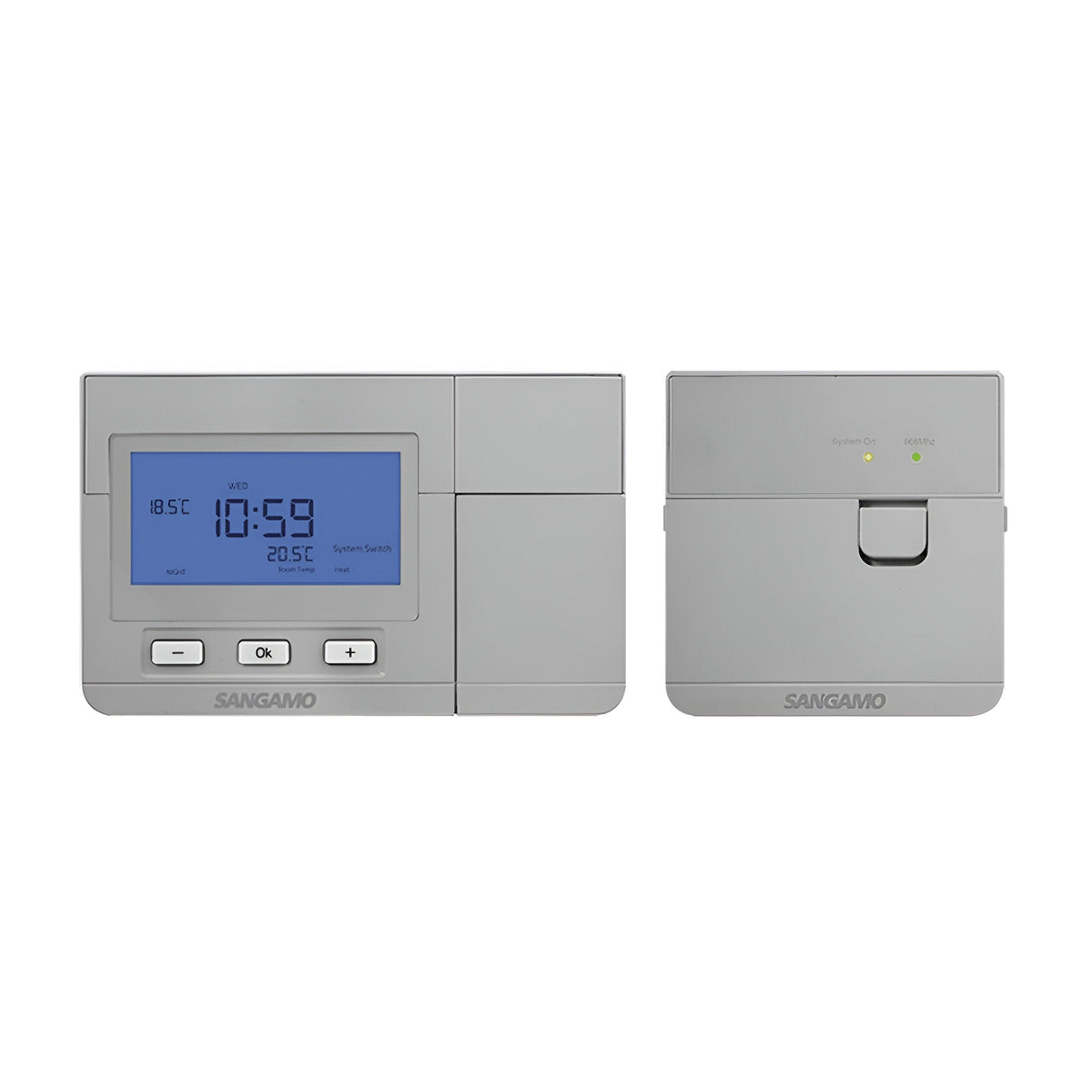 The Choice Plus Wireless Programmable Digital Thermostat, in a sleek silver finish, features a digital display showing the time 10:59 and the temperature at 20.5°C. It is paired with a control unit that includes indicator lights labeled Boiler and System Switch. Both devices, branded Sangamo, provide precise temperature control to enhance your home comfort.