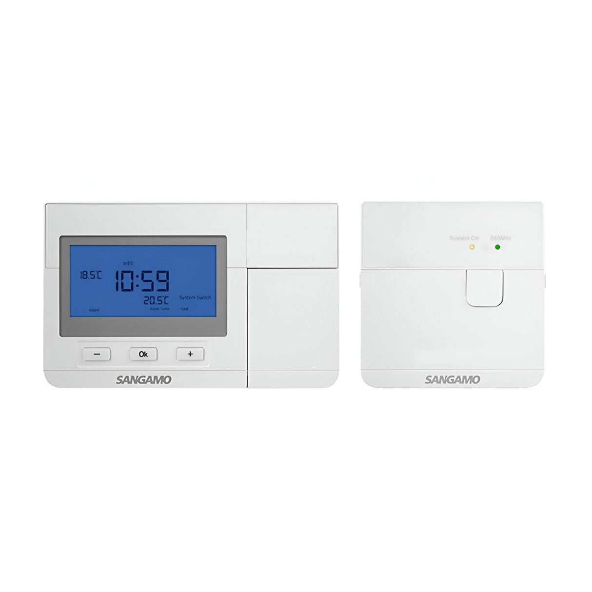 The Choice Plus Wireless Programmable Digital Thermostat - White features a rectangular display in white, indicating the temperature at 18.5°C and the time at 10:59. It includes buttons labeled OK, +, and -. Accompanying it is a white control unit with indicator lights displaying the SANGAMO branding, offering advanced wireless thermostat capabilities for improved heating efficiency.
