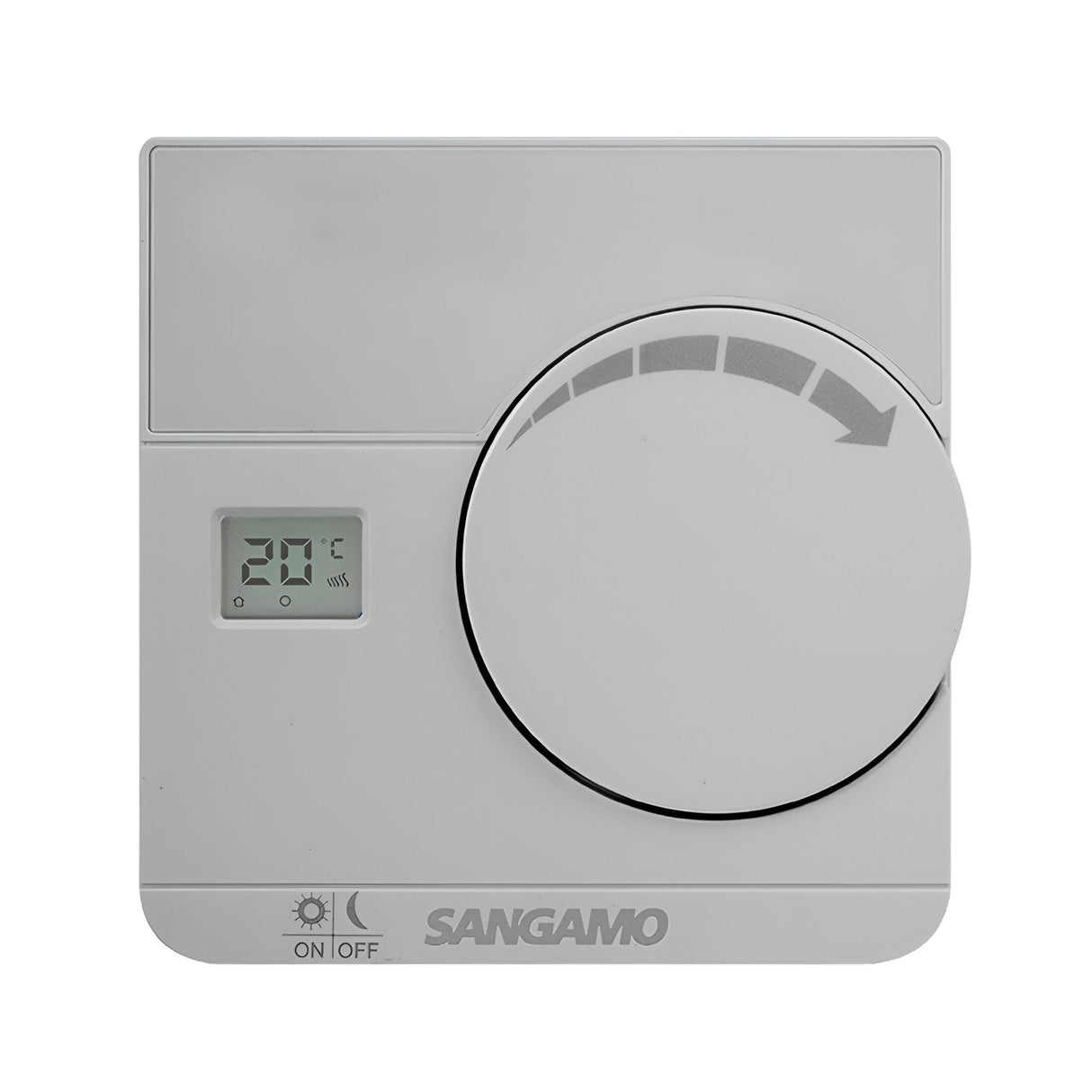 The Choice Plus Room Thermostat Digital - Silver displays a temperature of 20°C on its digital screen. It includes a large circular dial on the right for adjusting the temperature and features TPI Control to enhance energy efficiency. At the bottom, two icons indicate day and night modes.