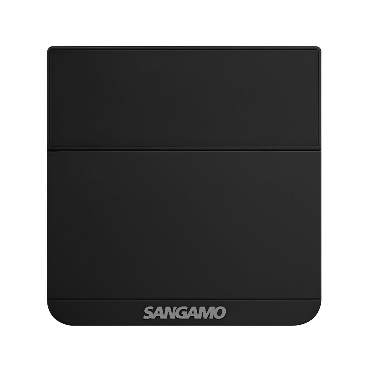 The Choice Plus Room Electronic Thermostat Tamper Proof - Black from Sangamo enhances heating efficiency with its minimalist square design. It features a top small rectangular panel, SANGAMO in white text on the bottom, and an electronic sensor for precise temperature adjustment.