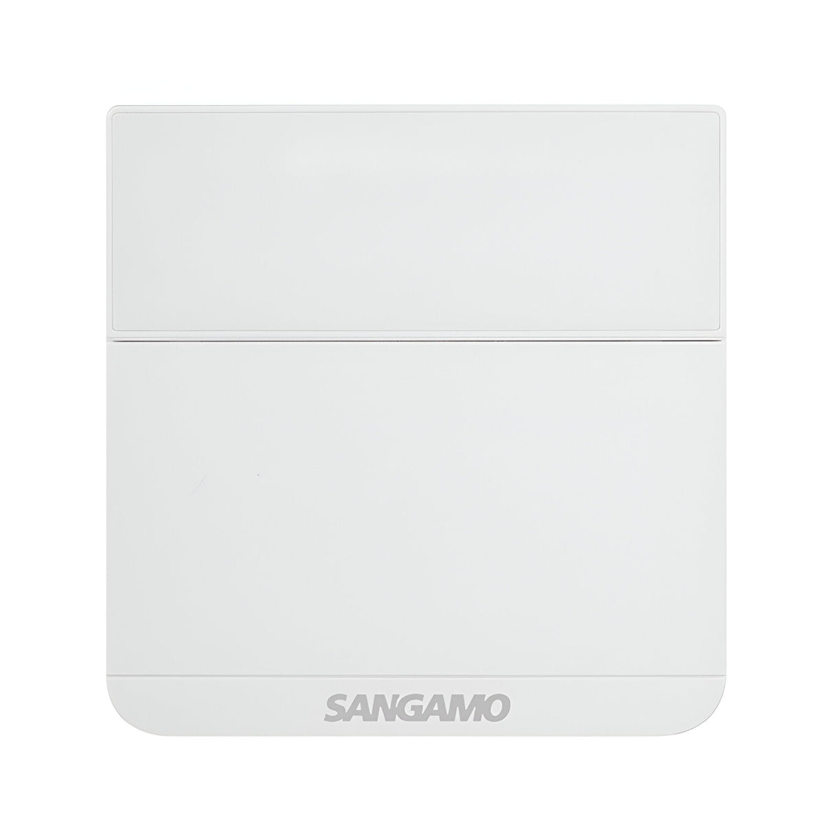 The Choice Plus Room Electronic Thermostat Tamper Proof - White features a white rectangular design with the brand name SANGAMO at the bottom, showcasing a minimalist aesthetic. Equipped with an electronic sensor, it includes a subtle indentation that separates the top and bottom sections to improve heating efficiency.