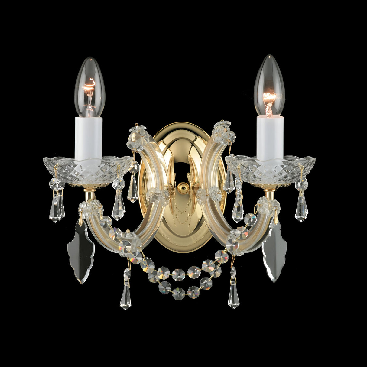 Queenlight 2 Light Armed Glass & Czech Republic Crystal Wall Light - Gold
