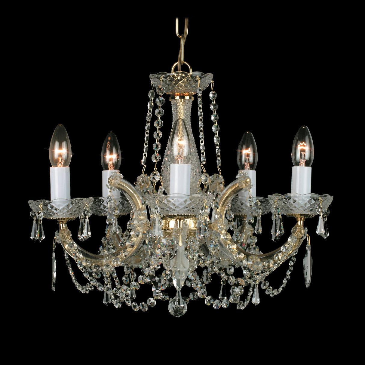 Queenlight 5 Light Armed Glass & Czech Republic Crystal Chandelier - Gold