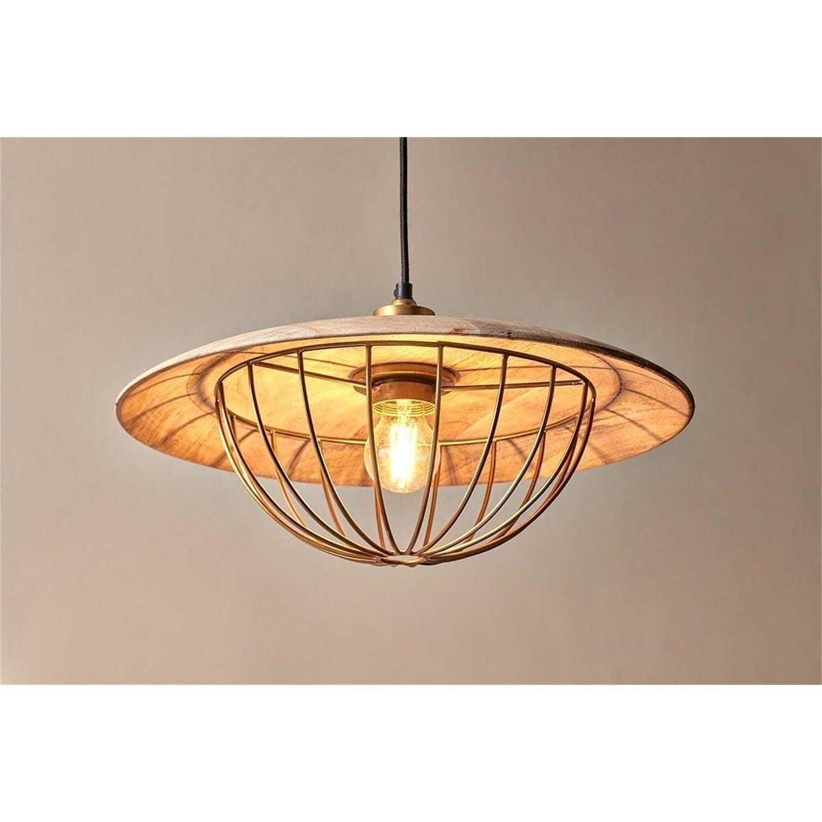 Chakai Large Wood & Metal Pendant Light in Natural, a wide mango wood disc shade with an open brass wire cage below holding an exposed bulb, shown against a plain light background.