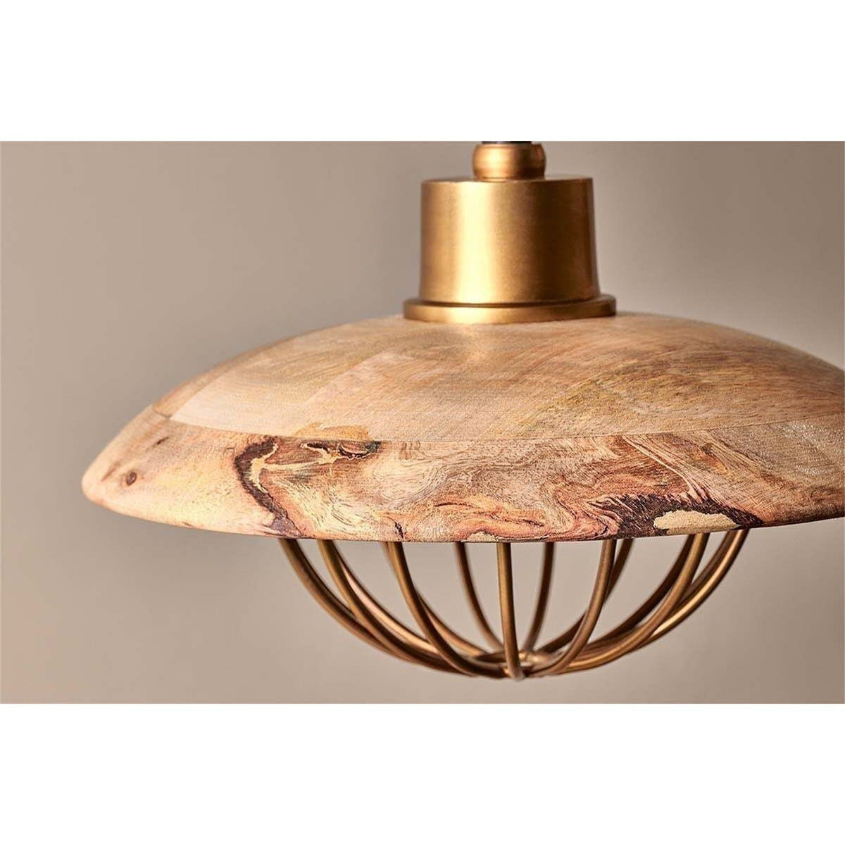 Close-up of the Chakai Large Wood & Metal Pendant Light, showing a shallow mango wood disc with visible grain and a brass cage shade beneath, against a plain light background.
