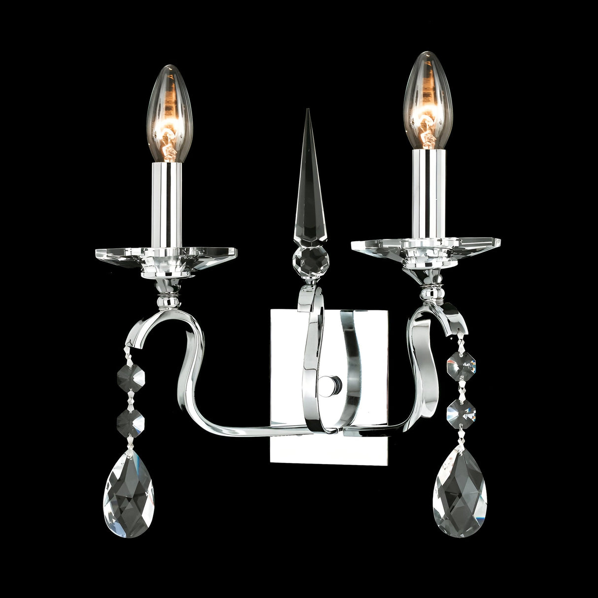 Impex Sparkline 2 light crystal wall light in polished chrome with twin scrolled arms, candle bulbs, faceted crystal dishes and suspended drops.