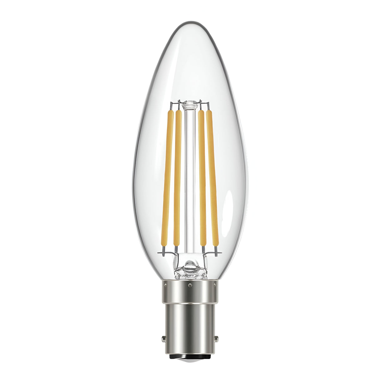 Experience the energy efficiency of the Eveready 4W Non-Dimmable LED Candle Filament Bulb, featuring a candle-like shape and metallic B15 base. The clear glass reveals a vintage-style filament design that emits a warm white glow at 2700K, perfect for any setting.
