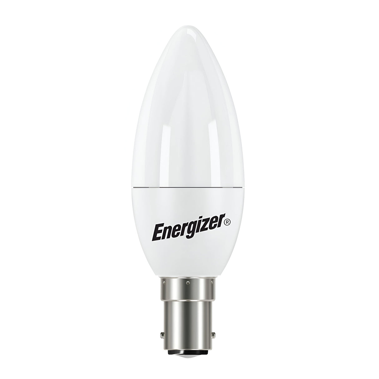 The Energizer 4.2W Non-Dimmable LED Candle Bulb - Warm White, B15, 2700K features a candle shape with a black Energizer logo, emitting a warm white glow. It has a smooth, glossy finish and a metal base that fits various fixtures, providing energy efficiency and versatility.