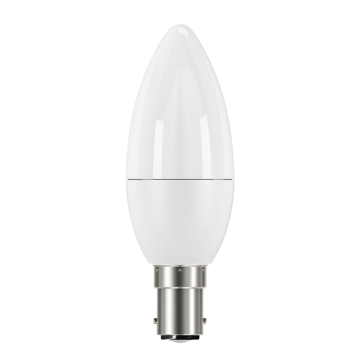 The Eveready 4.9W Non-Dimmable LED Candle Bulb, designed with a flame-tip and glossy white finish, features a metal base. This vertically oriented bulb emits cool white light at 4000K and is set against a plain white background, pointing upwards.
