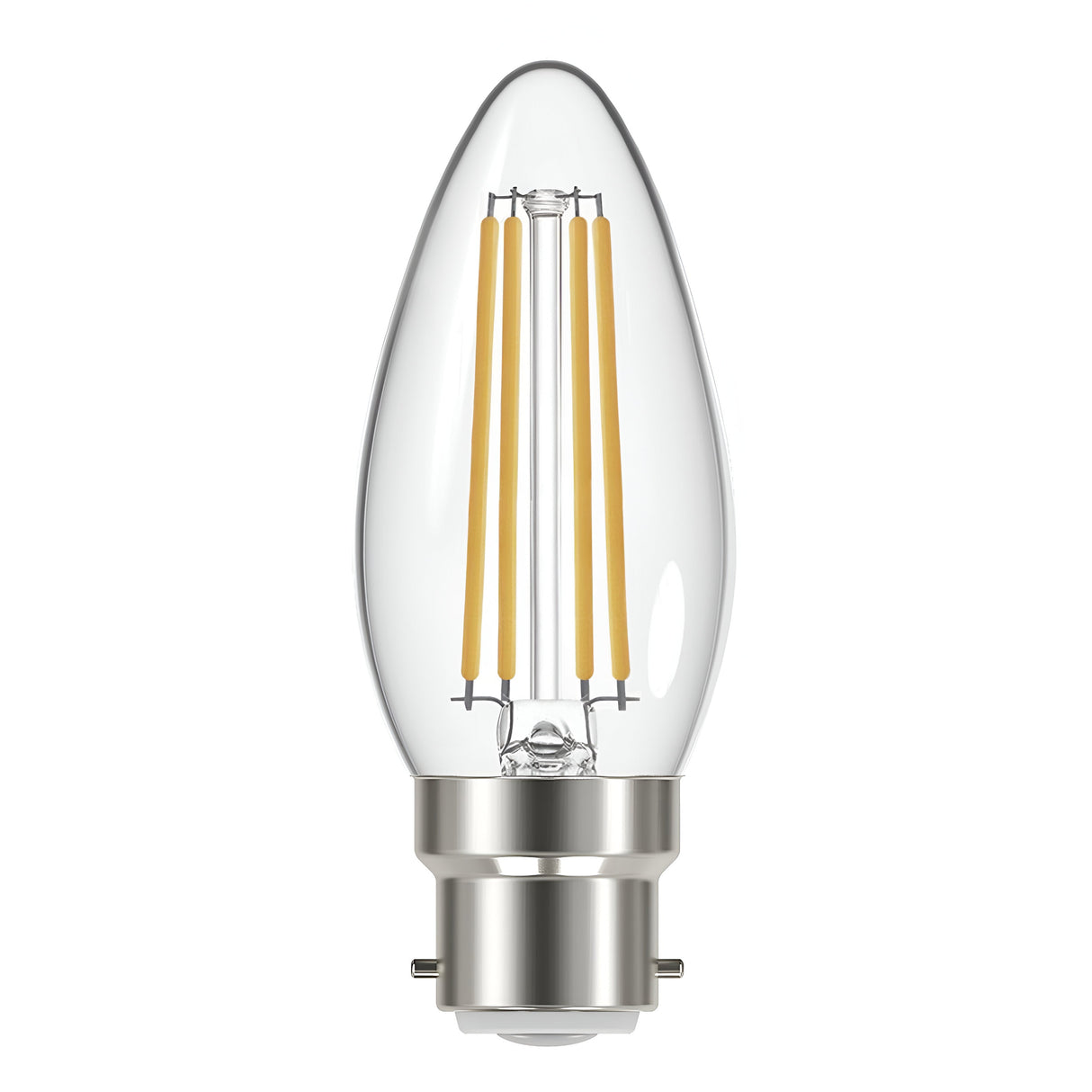 Introducing the Eveready 4W Non-Dimmable LED Candle Filament Bulb in Warm White, B22, 2700K. This bulb boasts a captivating candle-like shape with a sleek metal base and four visible yellow filaments, perfectly merging vintage charm with contemporary energy efficiency. It stands against a plain white backdrop, projecting an air of elegance and modern sophistication.