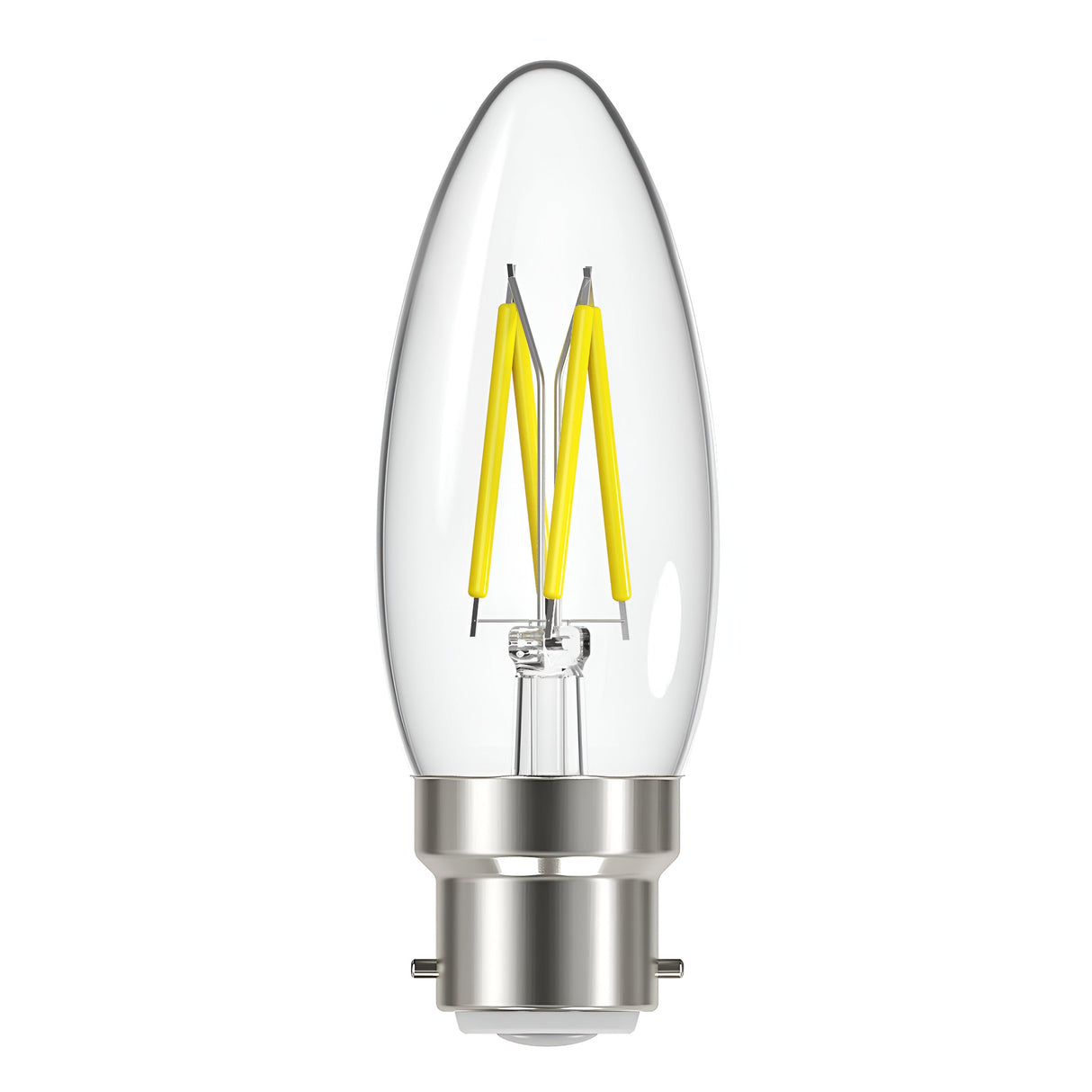 The Energizer 4W Non-Dimmable LED Candle Filament Bulb in Warm White features visible filaments and a silver base, with a B22 bayonet cap for easy installation, and emits 470 lumens of soft light against a white background.
