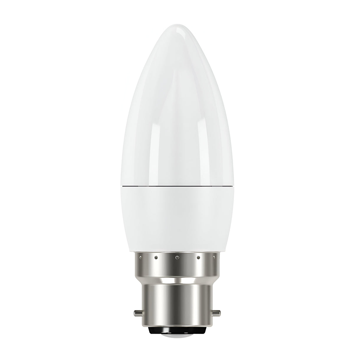 A close-up image of the Eveready 7.3W Non-Dimmable LED Candle Bulb in warm white, showcasing its smooth, tapered top and energy-efficient design. It includes a metal base compatible with a B22 bayonet fitting.