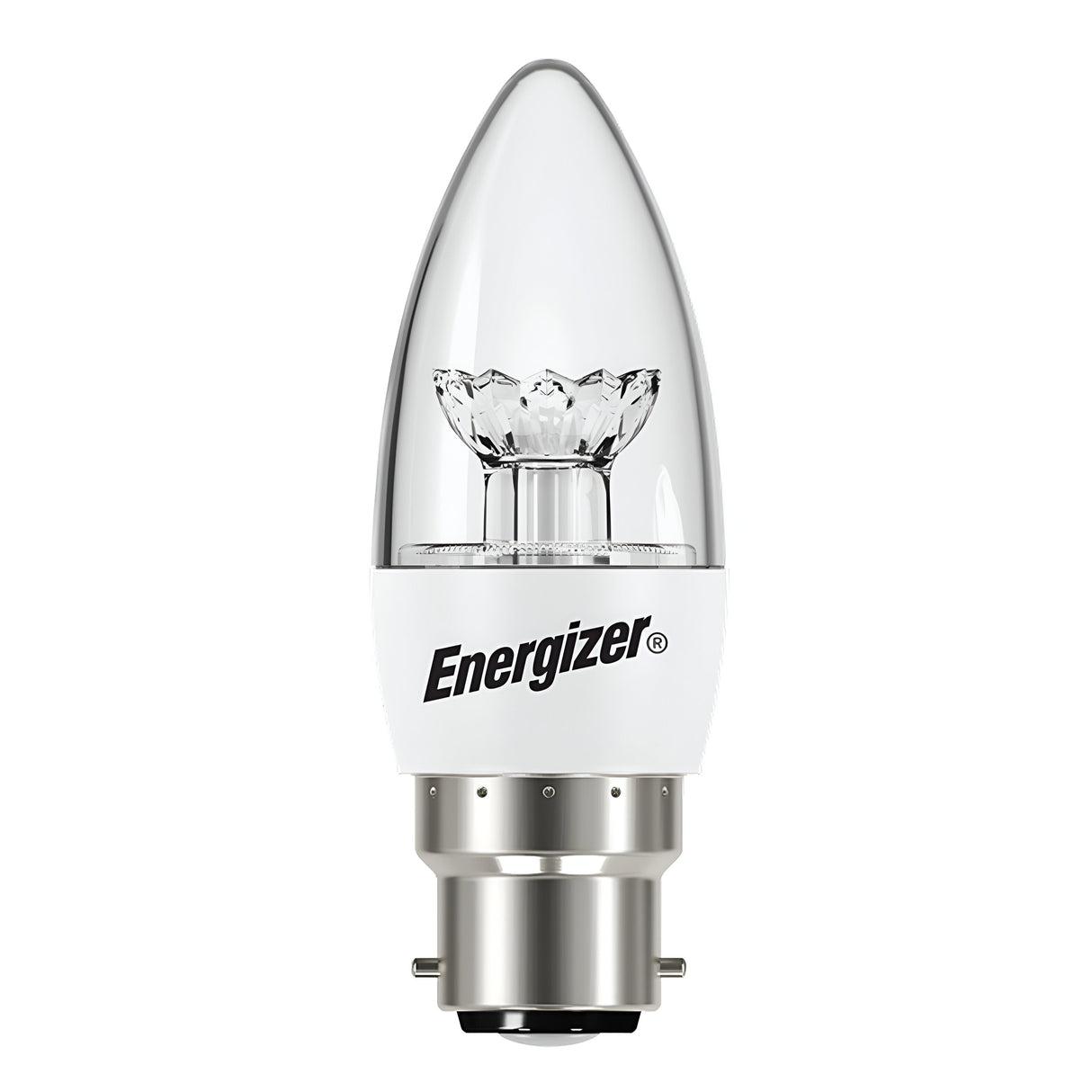 A close-up of the energy-efficient Energizer 3.8W Non-Dimmable LED Candle Bulb showcases its clear, candle-shaped design and metallic B22 base. Ideal for decorative lighting with a warm white glow (2700K), the logo stands out on the bulb's white section.
