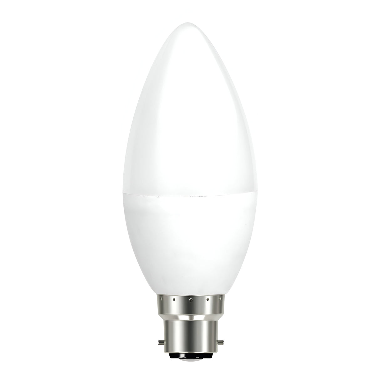 The Eveready 4.9W Non-Dimmable LED Candle Bulb - Cool White is displayed against a plain white background, featuring a metal base and emitting 4000K cool white light.