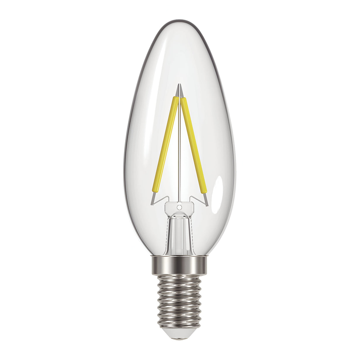 The Energizer 2W Dimmable LED Candle Filament Bulb in warm white offers energy efficiency with a clear, elongated shape, featuring a metallic E14 screw base and visible yellow filaments that mimic the appearance of a candle flame.