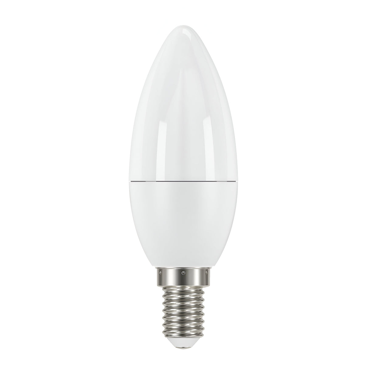 The Eveready 7.3W Non-Dimmable LED Candle Bulb in warm white, featuring a 3000K color temperature, sits prominently against a plain white background with its sleek, glossy surface and elongated, tapered design, complete with an E14 metallic screw base.