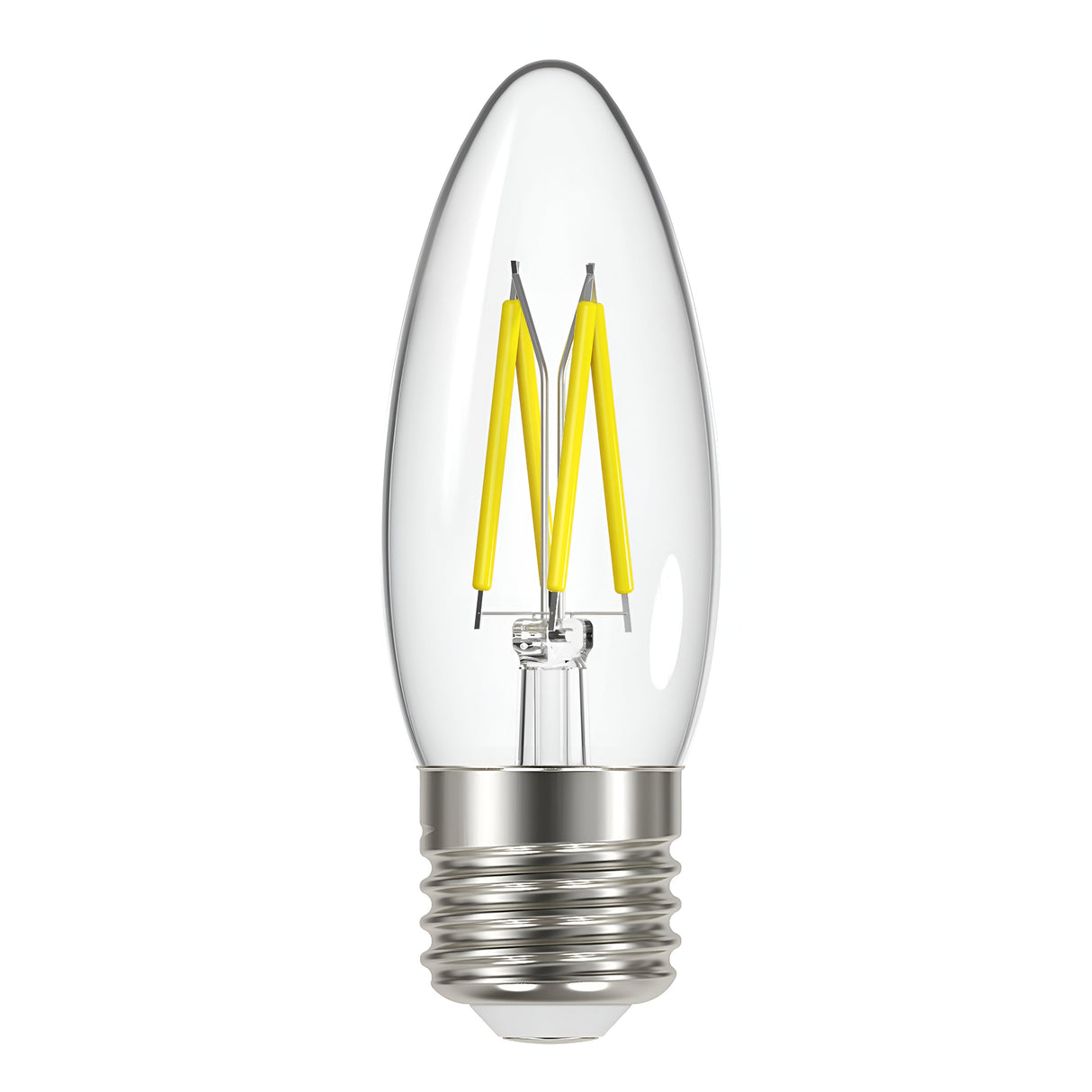 An Energizer 4W Non-Dimmable LED Candle Filament Bulb with an E27 base, encased in a candle-shaped glass and featuring two yellow vertical filaments, emits a warm white light against a pristine white background.
