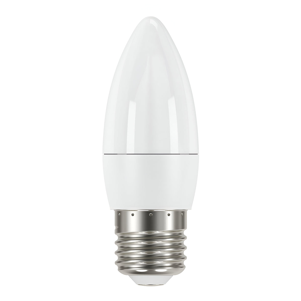 The Energizer 4.2W Non-Dimmable LED Candle Bulb in daylight with an E27 silver screw base stands upright against a plain white background, radiating an energy-efficient 6500K glow.