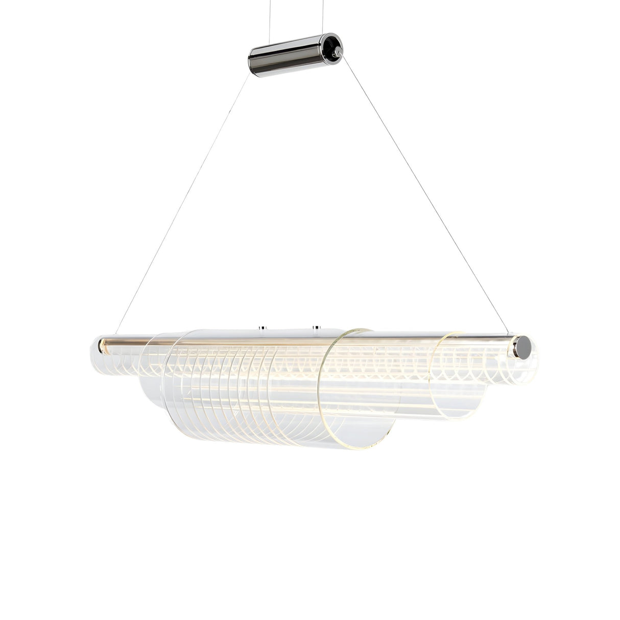 The Celestri LED Linear Suspension Light - Silver features a modern cylindrical design with transparent layered panels, suspended by slim wires from a metallic mount. Its soft glow and sleek look are ideal for contemporary interiors.