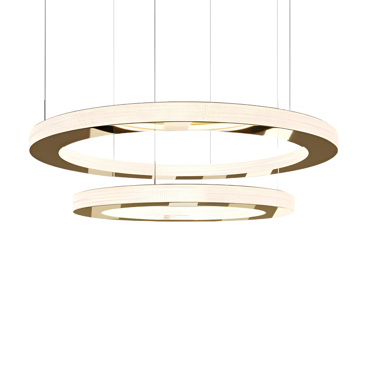 Two modern Celine LED 2 Tier Suspension Lights in gold, featuring illuminated circular rings suspended by thin wires against a white background. The overlapping tiers create a luxurious and contemporary lighting design.