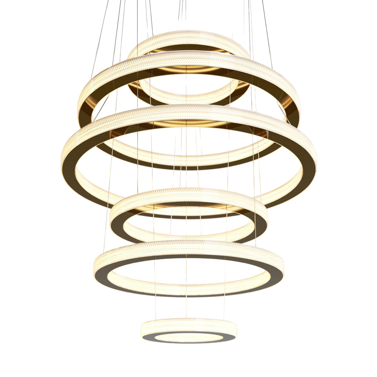 The Celine LED 6 Tier Suspension Light in gold features six glowing circular LED rings suspended by thin wires in a stunning, nested design—an elegant statement of modern luxury lighting against a white background.