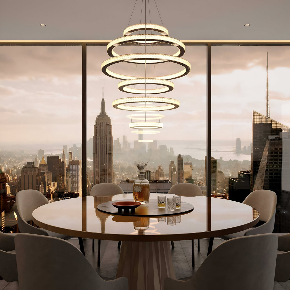 A modern dining room features a round table and elegant chairs by large windows with panoramic sunset city views. The Celine LED 6 Tier Suspension Light in gold hangs above, while drinks rest on the table.