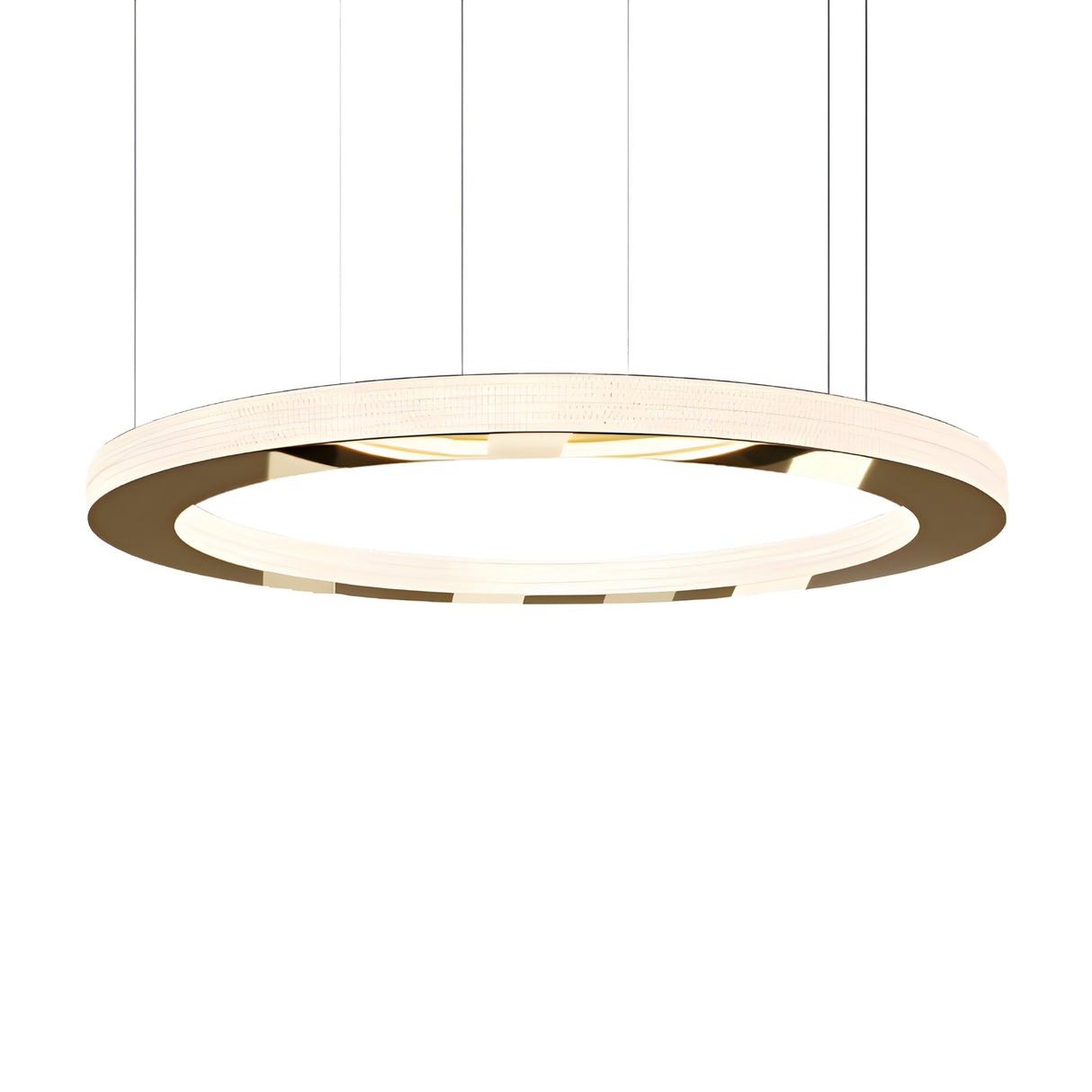 The Celine LED Single Suspension Light - Gold features a modern circular design with a slim metallic frame and integrated lighting, suspended by four slender wires, perfect for contemporary spaces.
