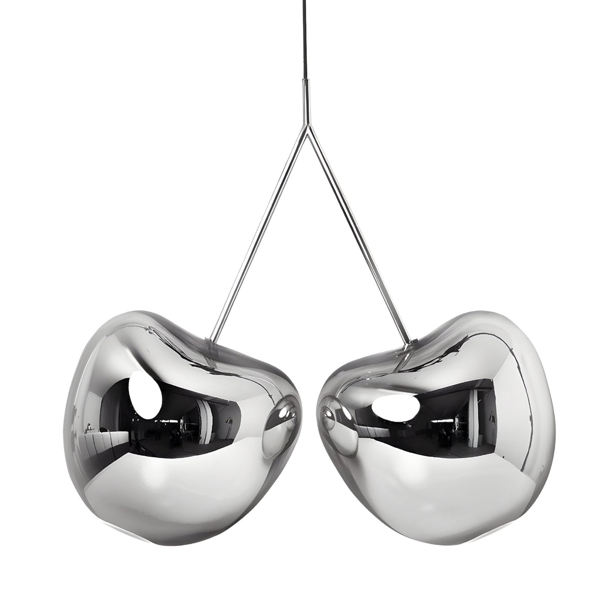 The Cereza LED 2 Light Pendant in Silver features two cherry-inspired metallic lights connected by slim rods, suspended from the ceiling to bring a sleek, modern touch and reflective shine to contemporary interiors.
