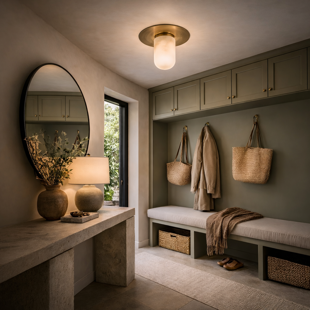 A stylish entryway features a round mirror above a stone console with a lamp, bench and baskets, corner hooks for coats and woven bags, overhead cabinets—all softly lit by the Arvello 1 Light Dome Alabaster Semi-Flush Ceiling Light in Soft White & Brushed Brass.