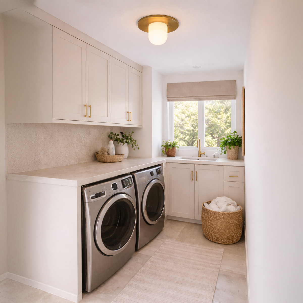 A bright, modern laundry room features two front-loading machines, light cabinets, a sink, gold hardware, a large window, potted plants, basket of towels, a neutral rug, and the Arvello 1 Light Dome Alabaster Semi-Flush Ceiling Light in Soft White & Brushed Brass overhead.