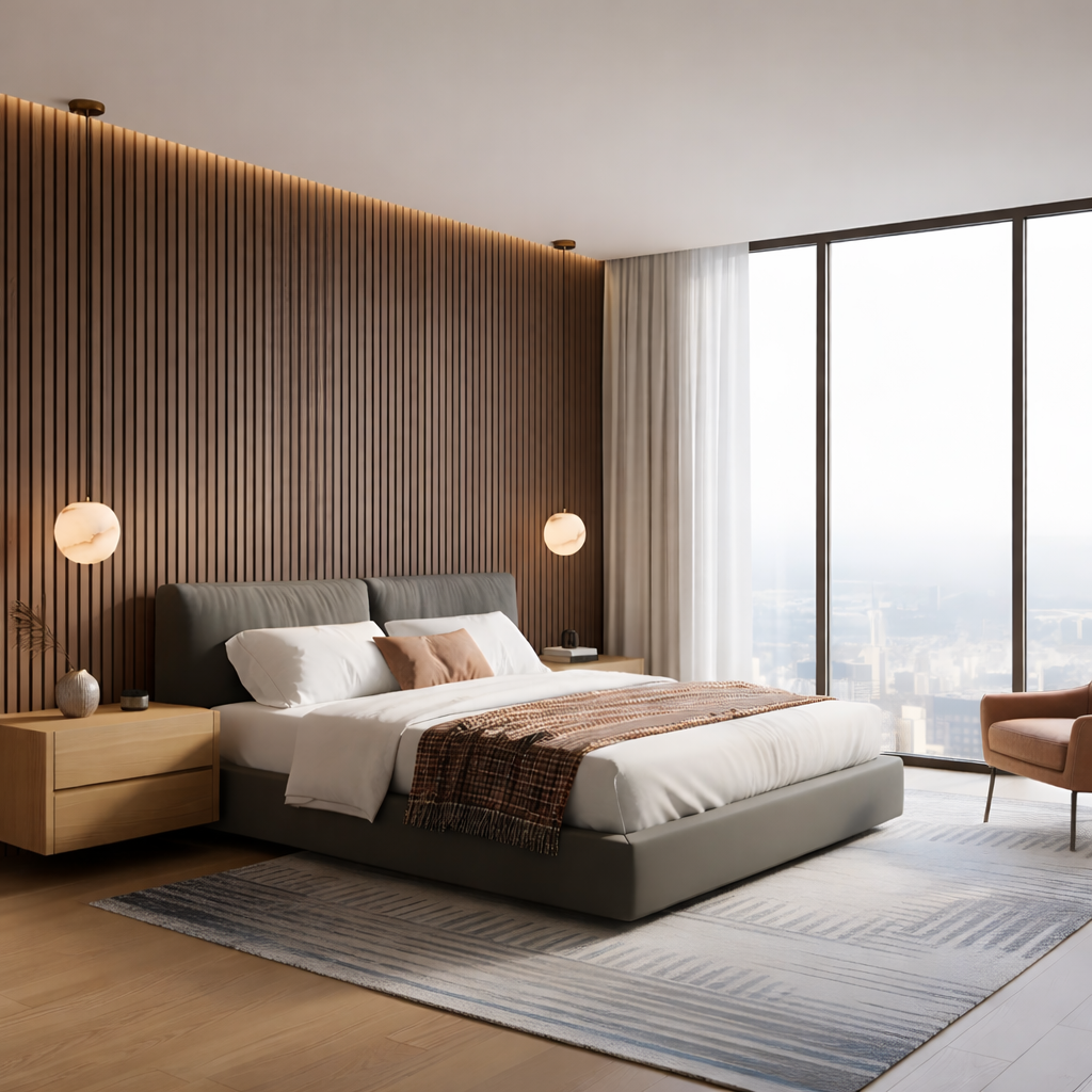 A modern bedroom with a gray upholstered bed, wooden slat accent wall, two wooden nightstands topped with Novara 1 Light Globe Alabaster Single Pendant Lights in Soft White, a patterned rug, pink chair, and floor-to-ceiling windows overlooking the city.