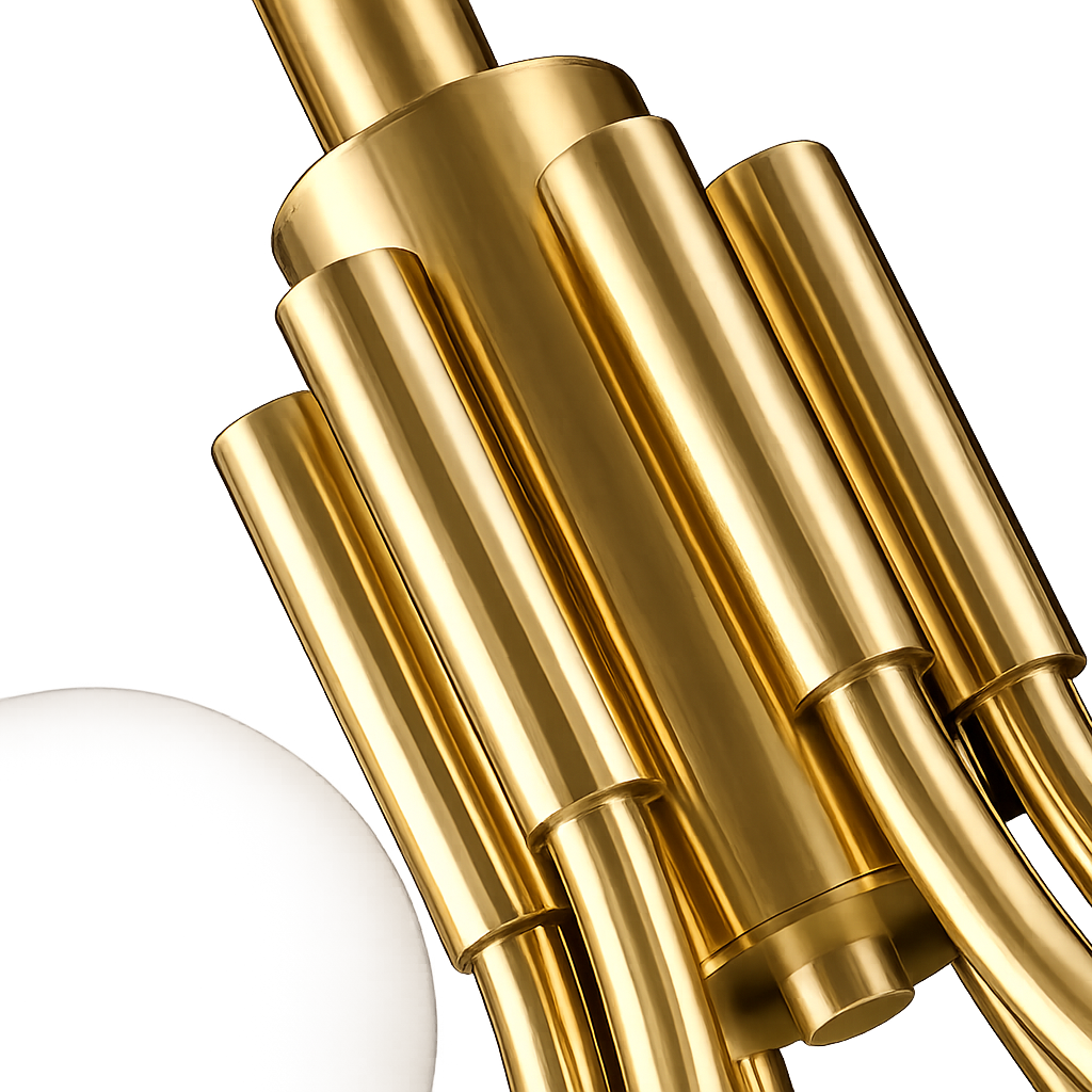 Close-up of the Aurelio 10 Light Large Globe Alabaster Chandelier in soft white and brushed brass, showcasing smooth cylindrical metal rods and a white spherical glass shade against a plain white background.