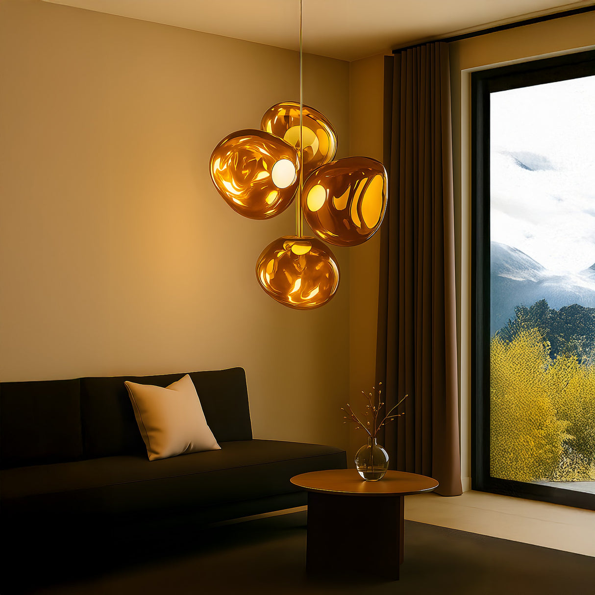 A modern living room with a dark sofa, round table, and the striking Lava LED 4 Light Chandelier in gold. Large windows reveal trees and mountains outside. Neutral walls, warm lighting, and a side curtain complete the space.