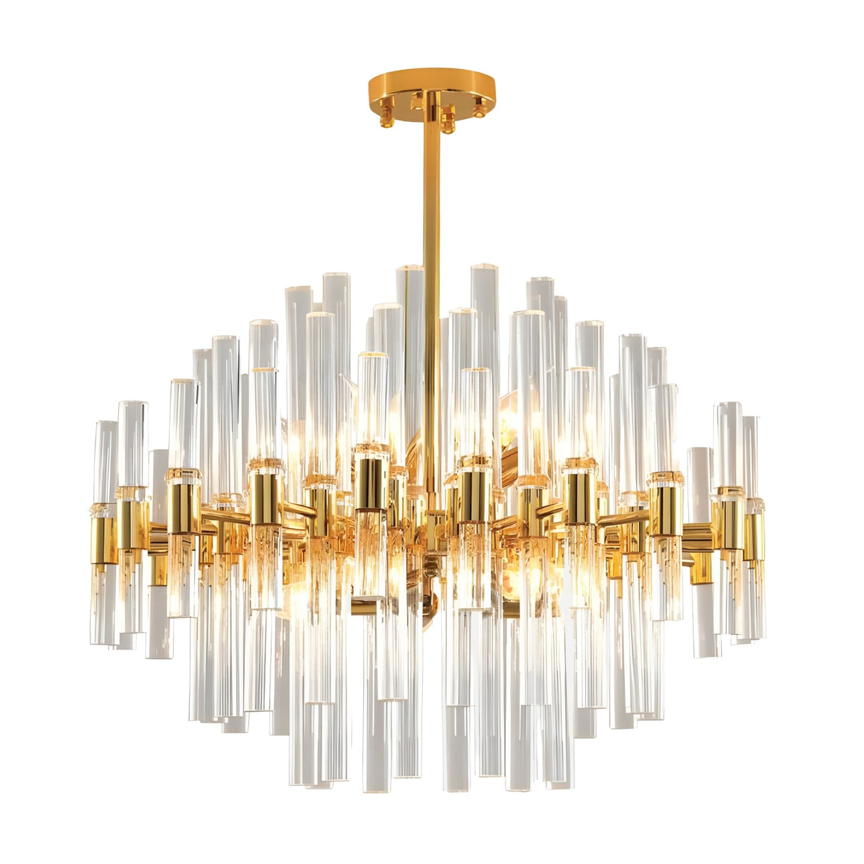 The Chiara 15 Light Crystal Chandelier - Gold features handcrafted glass rods radiating from central gold hardware, suspended by a gold rod. This elegant fixture emits warm, diffused light, adding sophistication to any space.