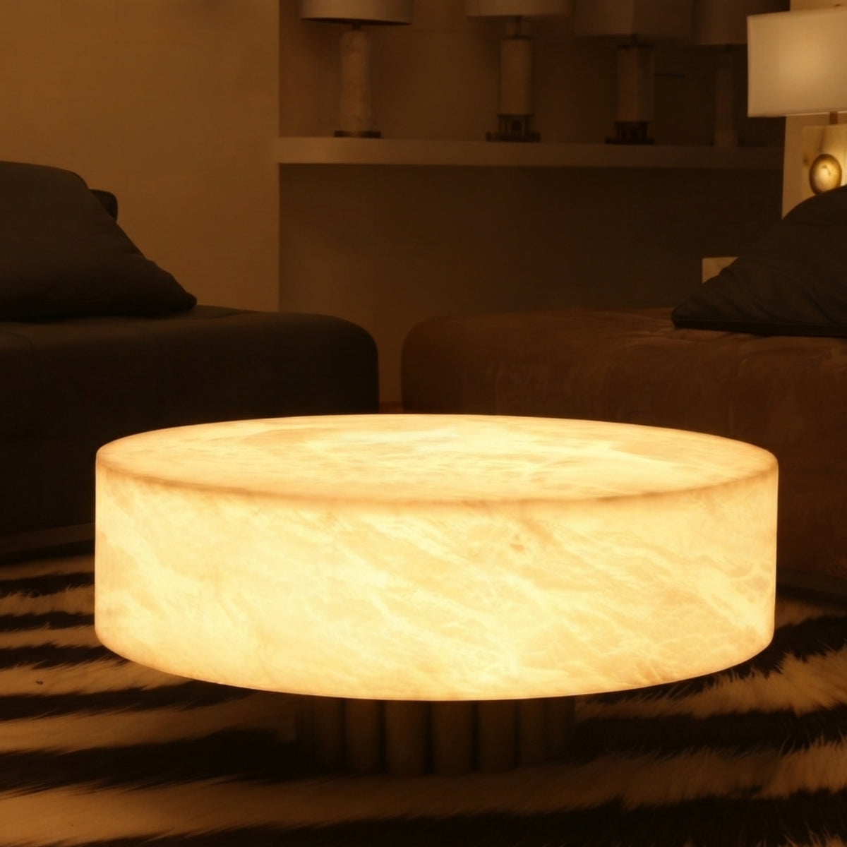 Alurien LED large alabaster coffee table in soft white, round drum shape glowing warmly on a recessed base, shown in a dim living room setting.