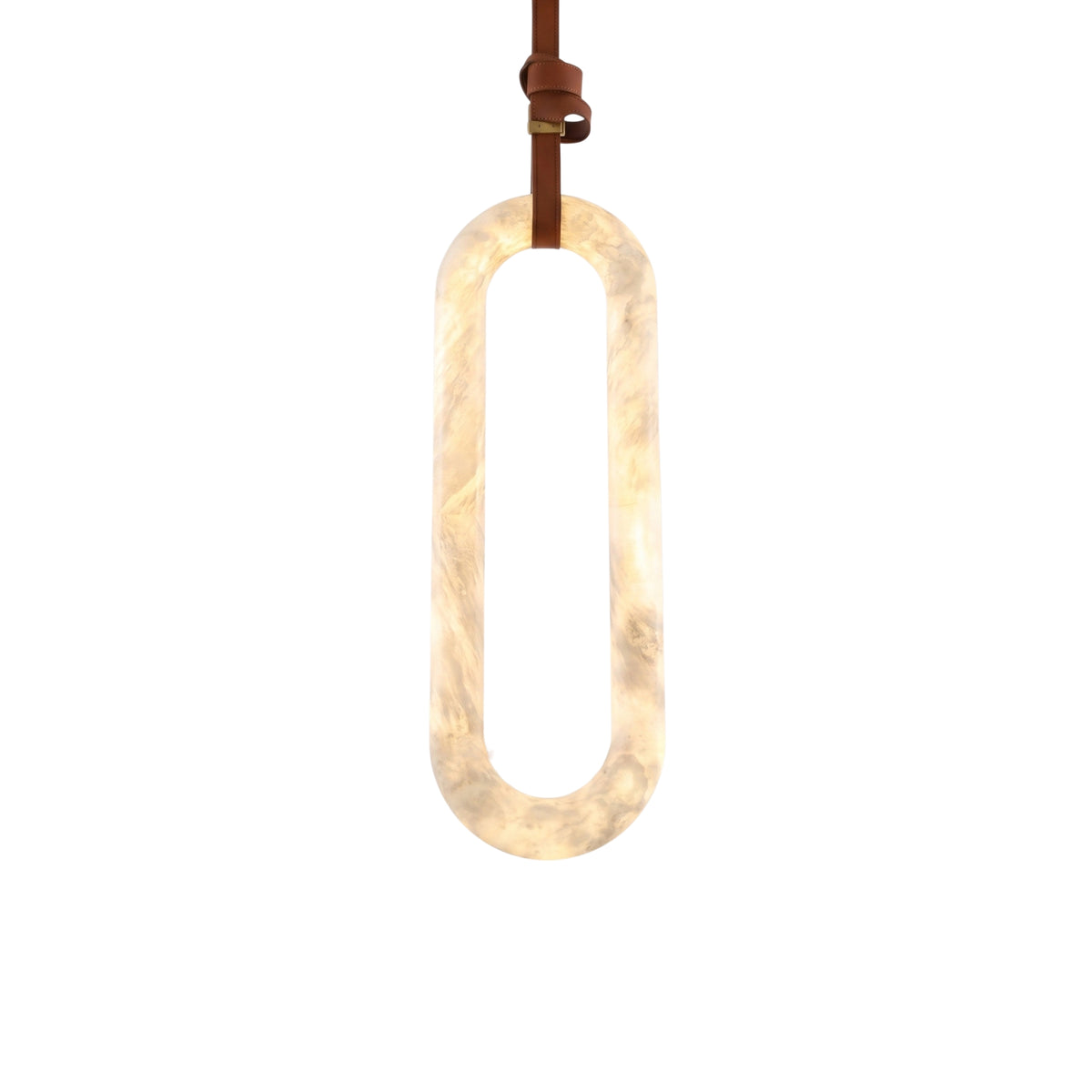 Serava LED Small Alabaster Pendant Light in soft white, elongated oval stone form on a brown leather strap suspension, shown against a plain white background.