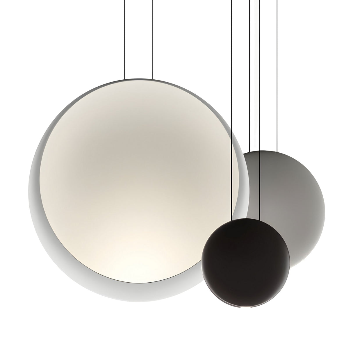 Three Cosmos 3 Light LED Bar Pendant - V2 fixtures of different sizes hang before a white backdrop; the largest pendant glows softly while the two smaller spheres remain dim.