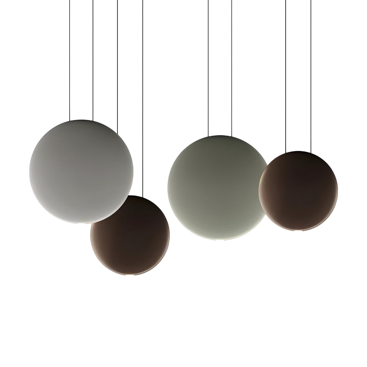 The Cosmos 4 Light LED Bar Pendant features four floating spheres in muted gray, green, and brown tones, suspended at different heights for energy-efficient lighting against a crisp white backdrop.