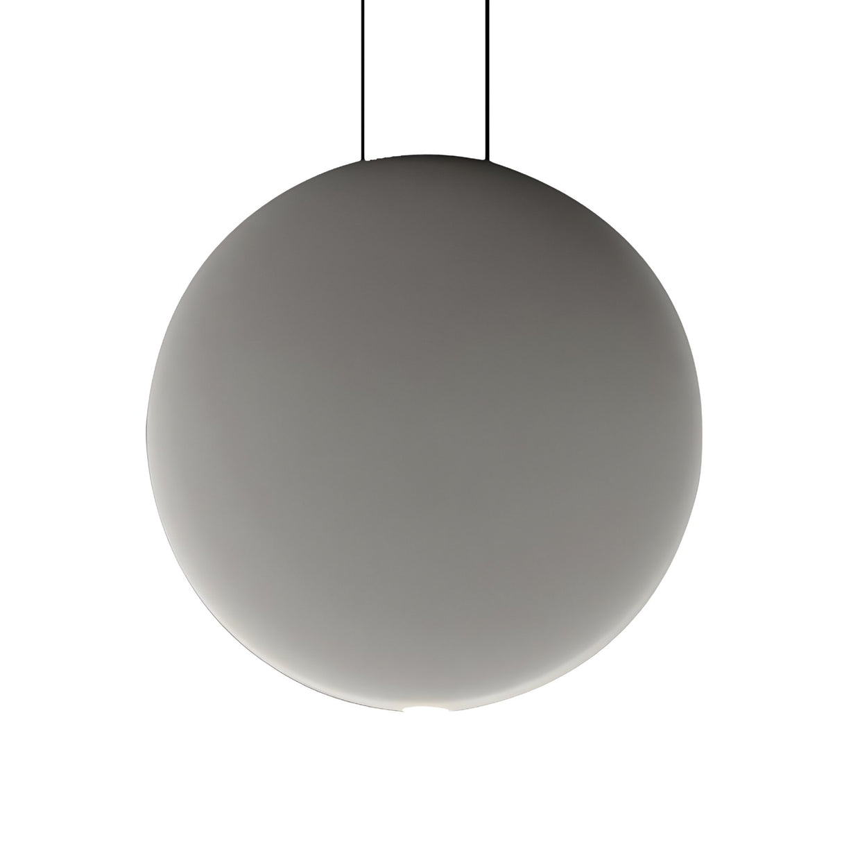 The Cosmos LED Small Pendant Light, with a smooth gray round design, hangs from two thin black cords. Its energy-efficient LED glows softly at the fixture’s bottom edge against a white background.