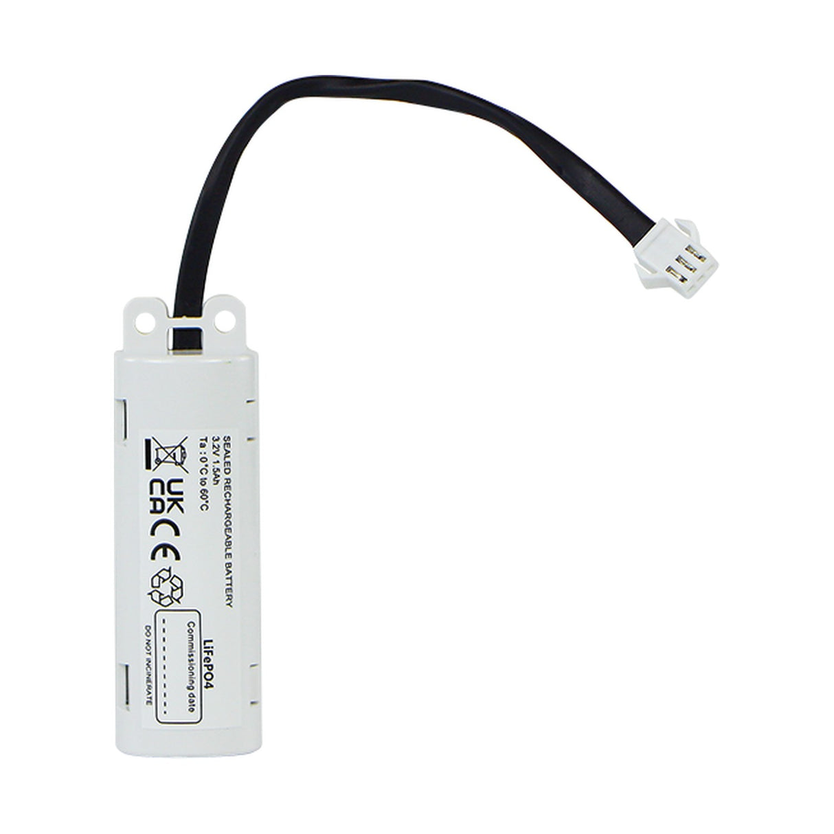 ESP Duceri 3.2V 1800mAh LiFePO4 emergency lighting battery in white enclosure with black lead and white two-pin connector on a plain background.