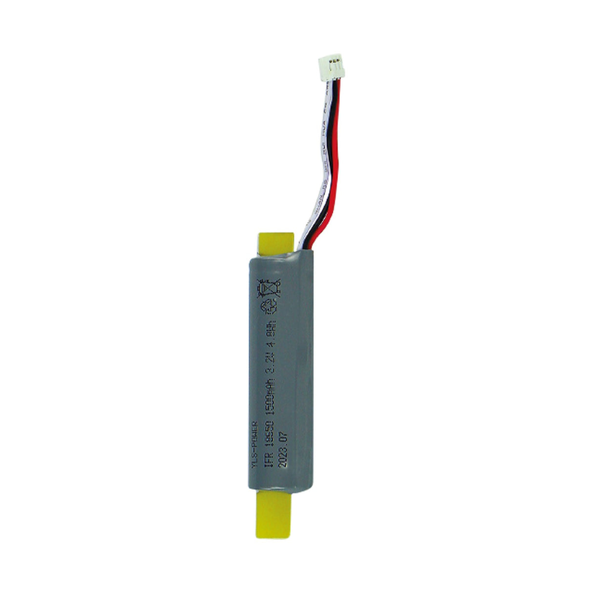 ESP Duceri 3.2V 1800mAh LiFePO4 emergency lighting battery in a grey cylindrical cell with red, black and white wire lead and connector, on white.
