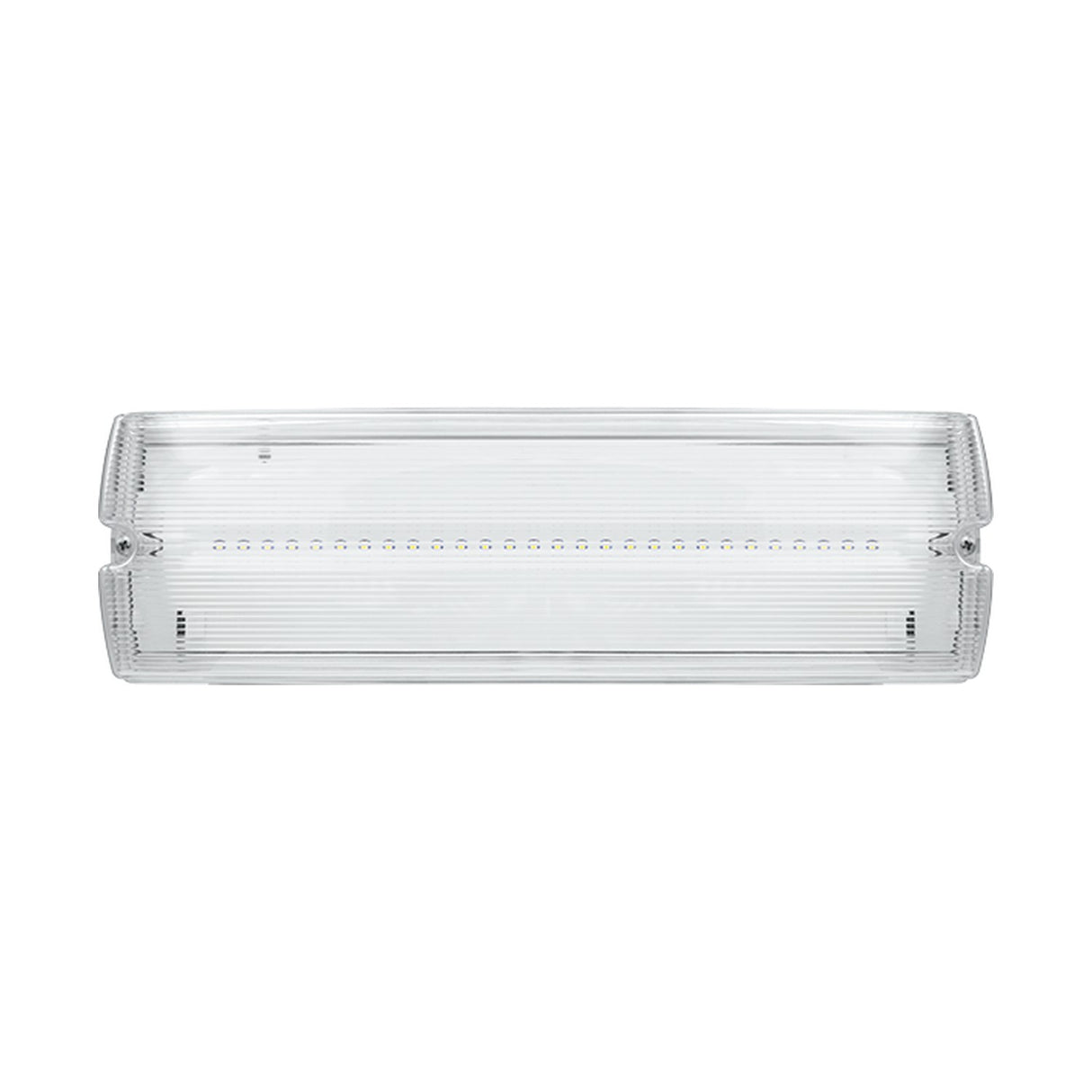 ESP Duceri emergency bulkhead light with rectangular clear ribbed diffuser, white housing, integrated LED strip, IP65 rated, on a plain white background.