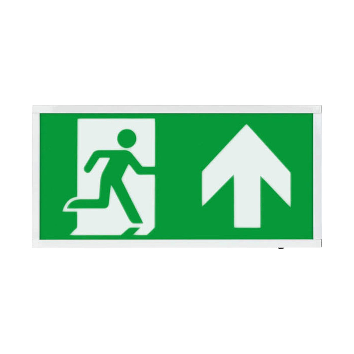 ESP Duceri emergency surface exit box with 3W LED, white frame, green running man legend and up arrow, IP20 rated for indoor use.